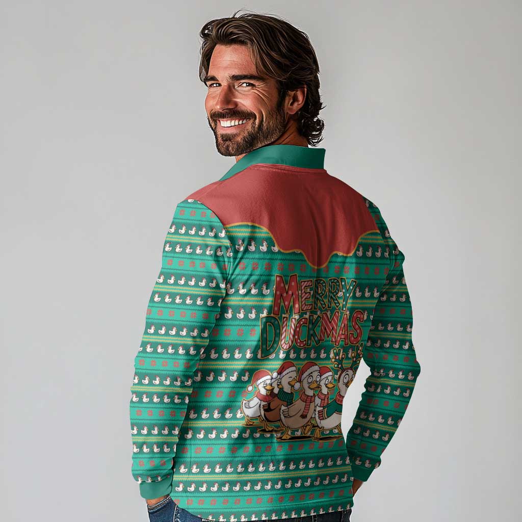 Western Yoke Long Sleeve Polo Shirt Merry Duckmas Funny Style - Wonder Print Shop