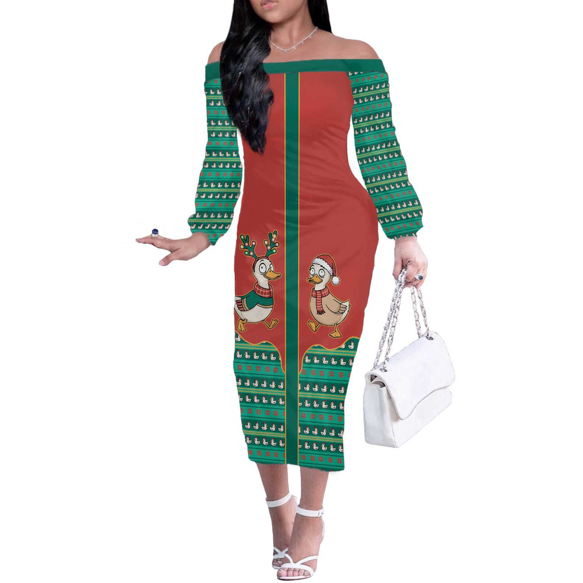 Western Yoke Off The Shoulder Long Sleeve Dress Merry Duckmas Funny Style - Wonder Print Shop