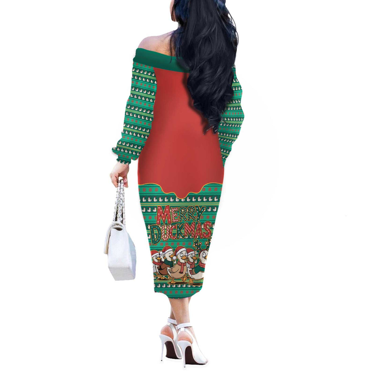 Western Yoke Off The Shoulder Long Sleeve Dress Merry Duckmas Funny Style - Wonder Print Shop