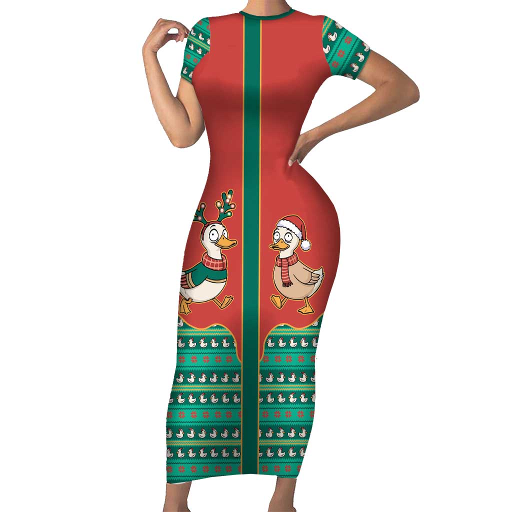 Western Yoke Short Sleeve Bodycon Dress Merry Duckmas Funny Style - Wonder Print Shop