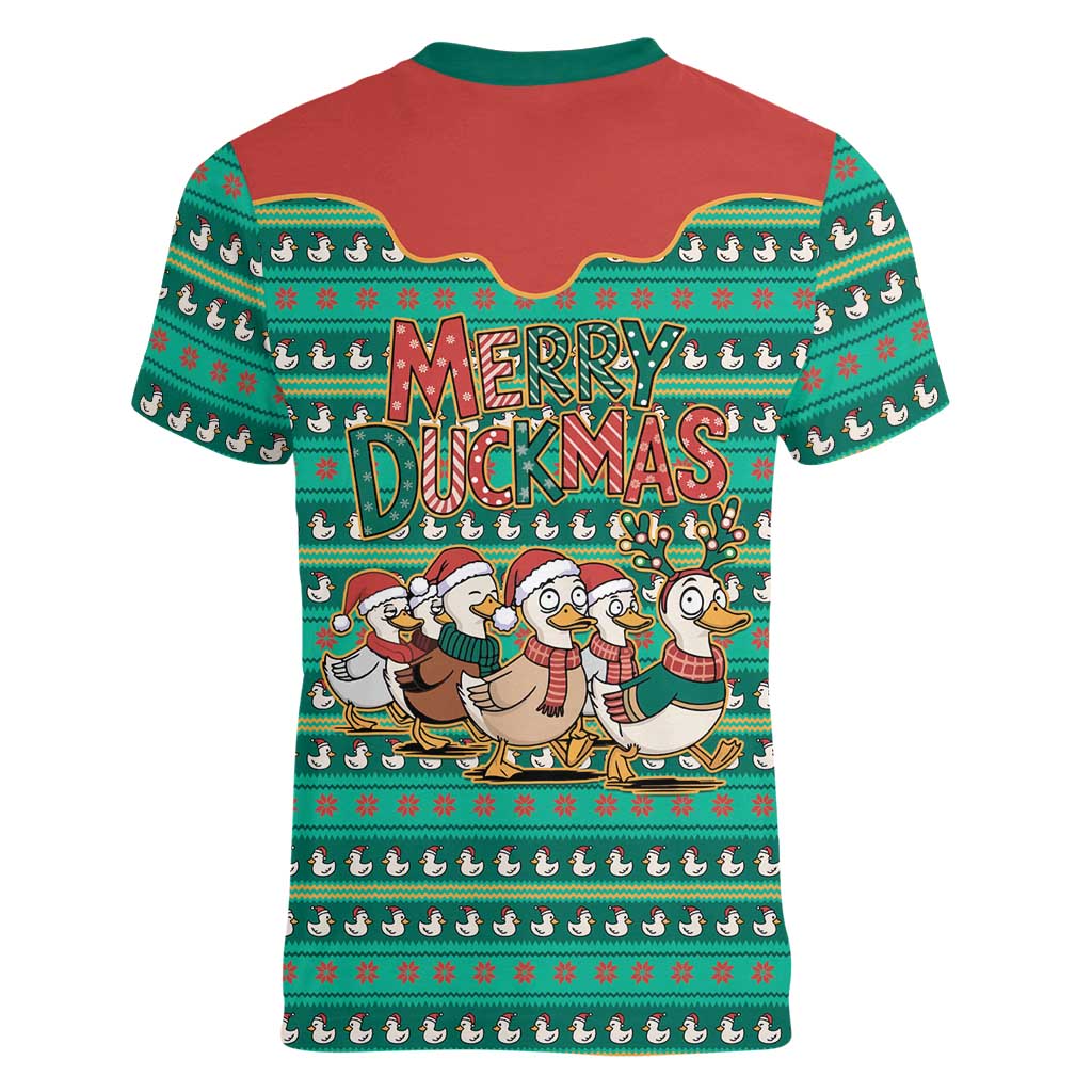 Western Yoke Women V-Neck T-Shirt Merry Duckmas Funny Style - Wonder Print Shop