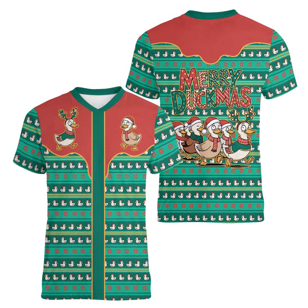 Western Yoke Women V-Neck T-Shirt Merry Duckmas Funny Style - Wonder Print Shop