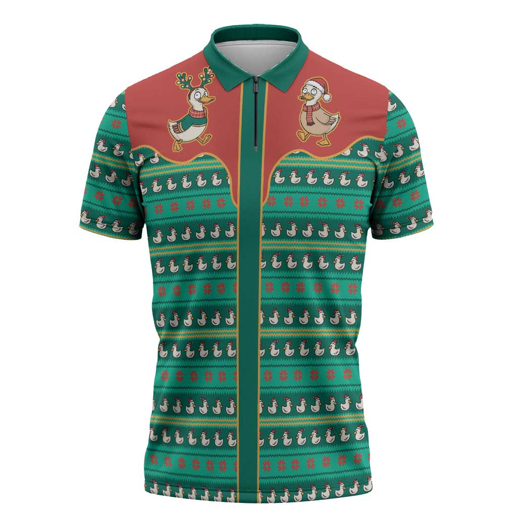 Western Yoke Zipper Polo Shirt Merry Duckmas Funny Style - Wonder Print Shop
