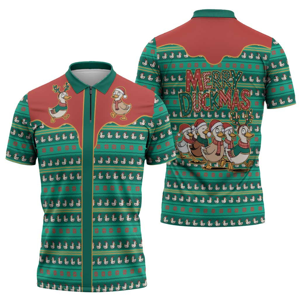 Western Yoke Zipper Polo Shirt Merry Duckmas Funny Style - Wonder Print Shop
