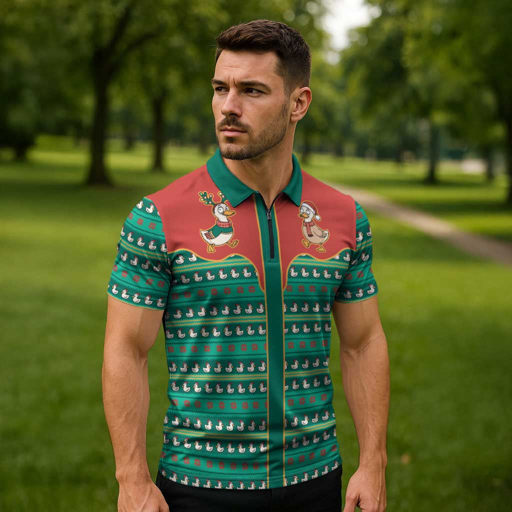 Western Yoke Zipper Polo Shirt Merry Duckmas Funny Style - Wonder Print Shop