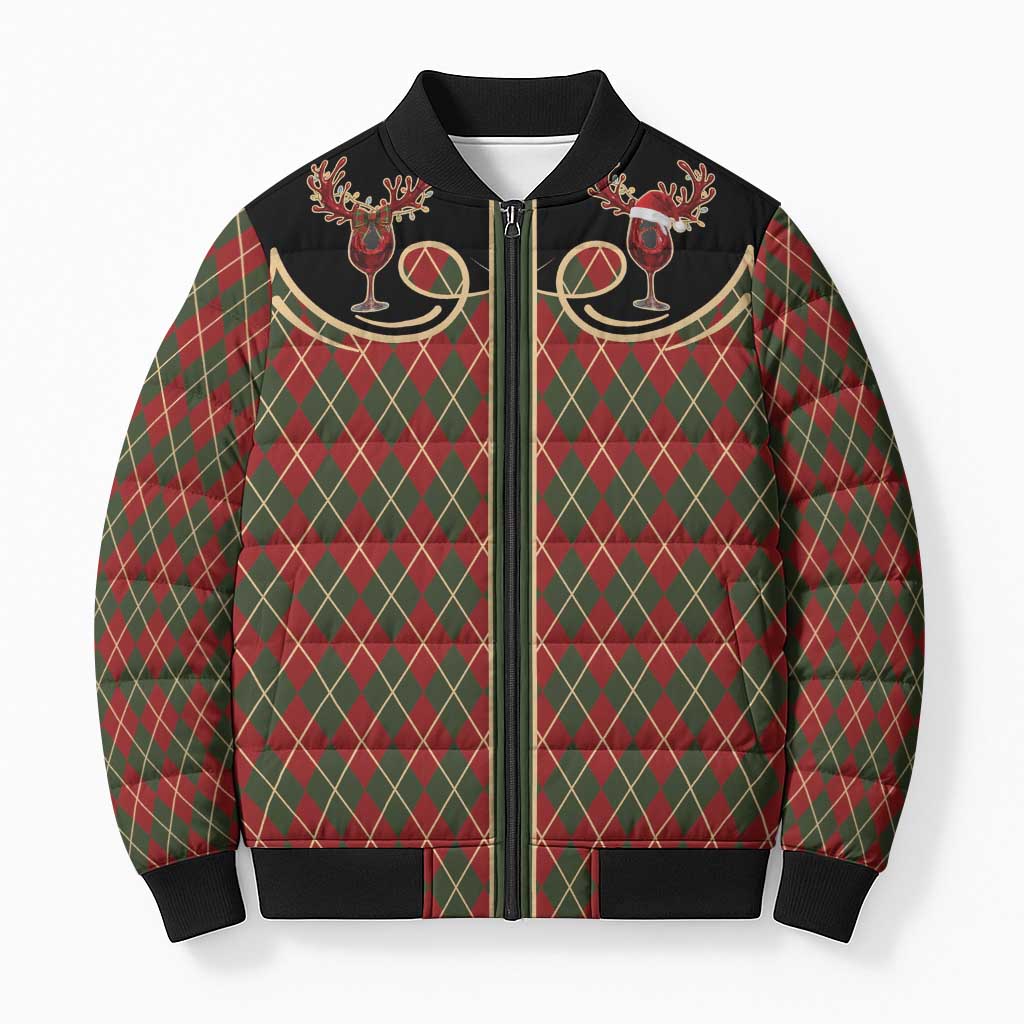 Western Yoke Bomber Puffer Jacket Wine Deer Christmas Argyle Patterns - Wonder Print Shop