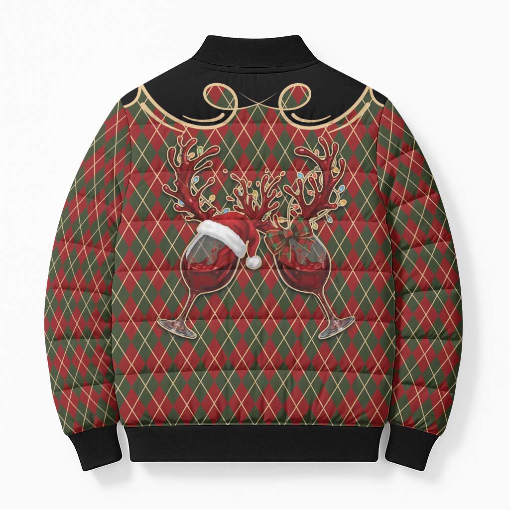 Western Yoke Bomber Puffer Jacket Wine Deer Christmas Argyle Patterns - Wonder Print Shop