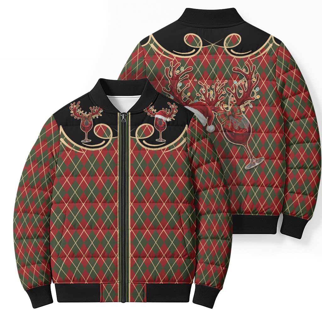 Western Yoke Bomber Puffer Jacket Wine Deer Christmas Argyle Patterns - Wonder Print Shop
