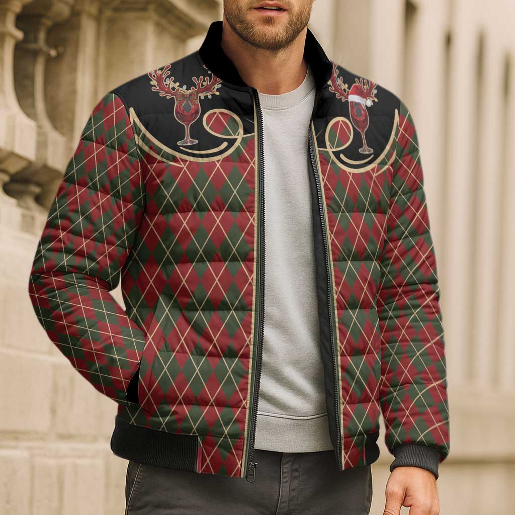 Western Yoke Bomber Puffer Jacket Wine Deer Christmas Argyle Patterns - Wonder Print Shop