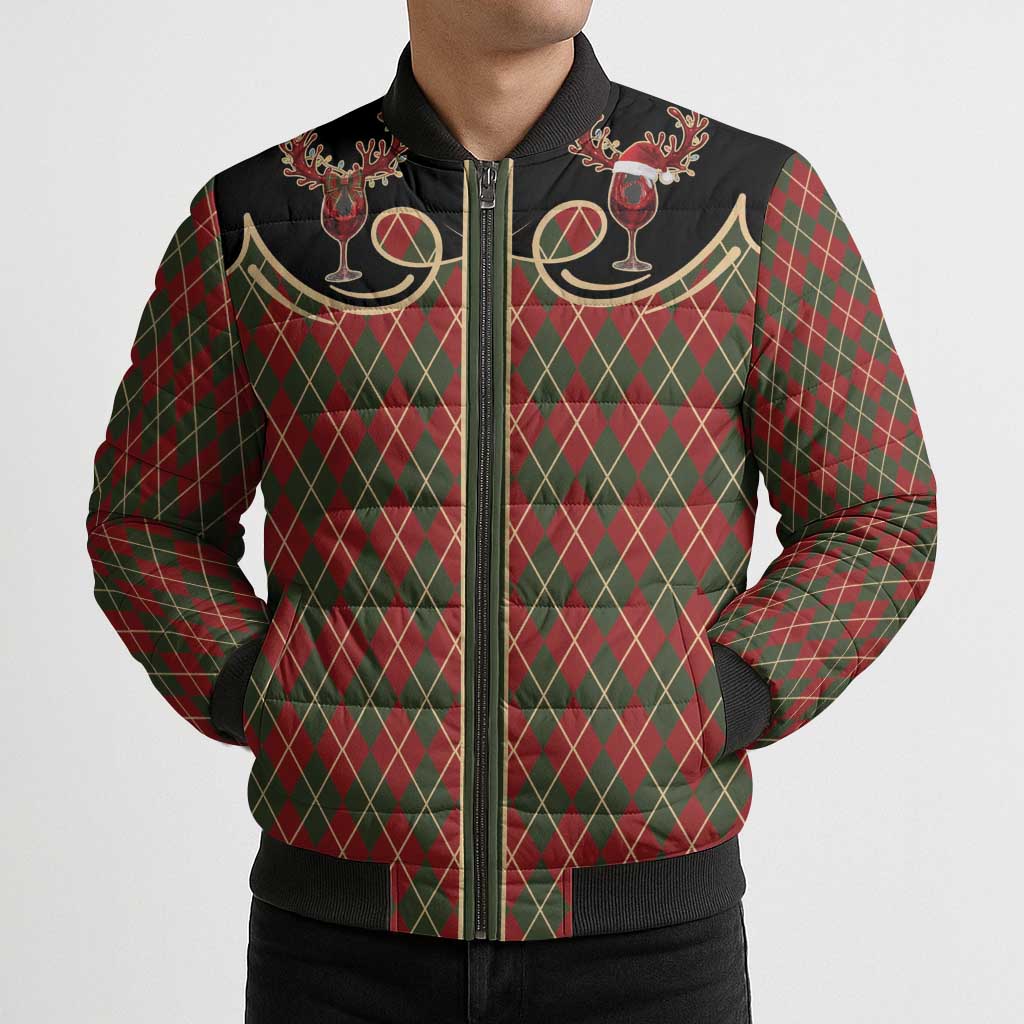 Western Yoke Bomber Puffer Jacket Wine Deer Christmas Argyle Patterns - Wonder Print Shop