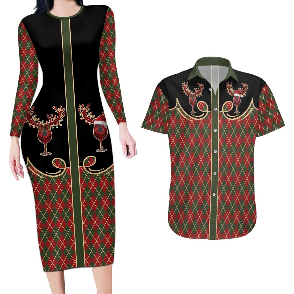 Western Yoke Couples Matching Long Sleeve Bodycon Dress and Hawaiian Shirt Wine Deer Christmas Argyle Patterns - Wonder Print Shop