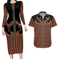 Western Yoke Couples Matching Long Sleeve Bodycon Dress and Hawaiian Shirt Wine Deer Christmas Argyle Patterns - Wonder Print Shop