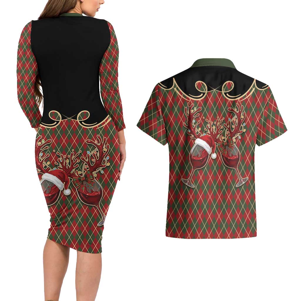 Western Yoke Couples Matching Long Sleeve Bodycon Dress and Hawaiian Shirt Wine Deer Christmas Argyle Patterns - Wonder Print Shop