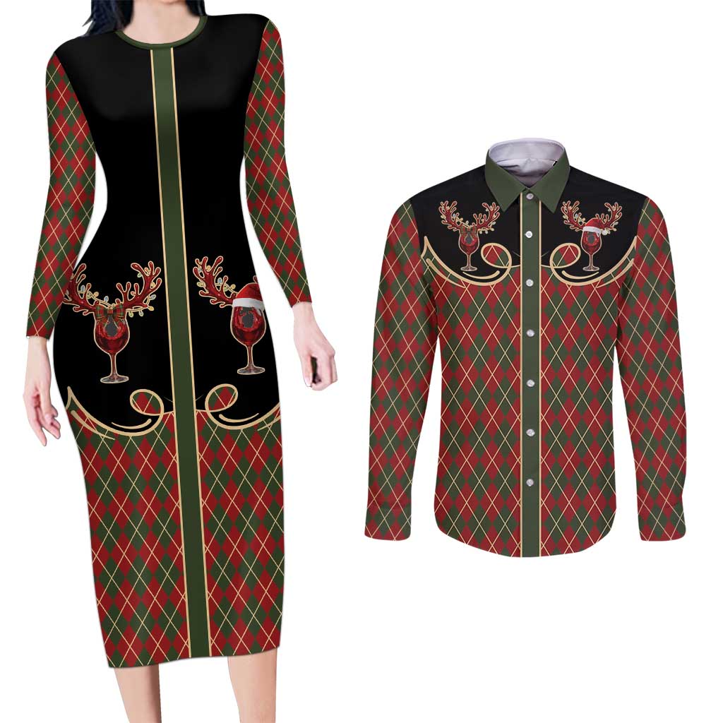 Western Yoke Couples Matching Long Sleeve Bodycon Dress and Long Sleeve Button Shirt Wine Deer Christmas Argyle Patterns - Wonder Print Shop