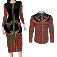Western Yoke Couples Matching Long Sleeve Bodycon Dress and Long Sleeve Button Shirt Wine Deer Christmas Argyle Patterns - Wonder Print Shop