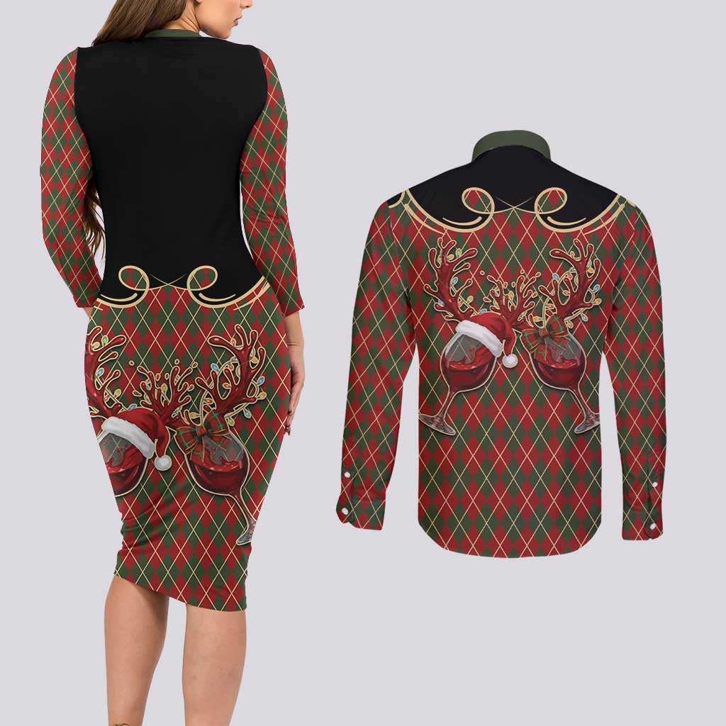 Western Yoke Couples Matching Long Sleeve Bodycon Dress and Long Sleeve Button Shirt Wine Deer Christmas Argyle Patterns - Wonder Print Shop