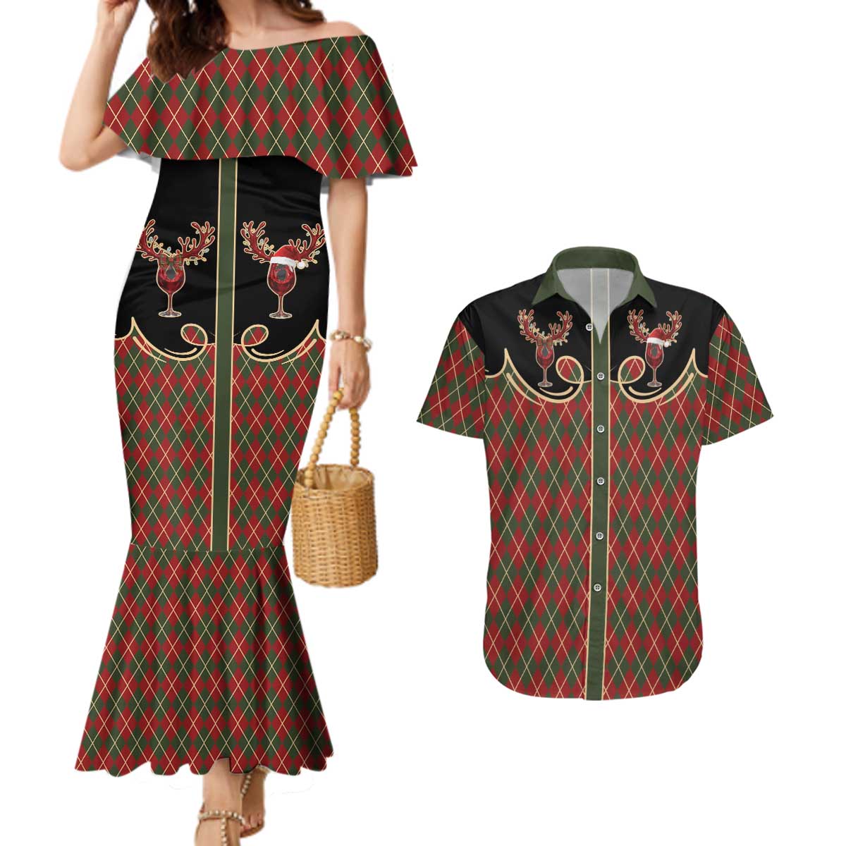 Western Yoke Couples Matching Mermaid Dress and Hawaiian Shirt Wine Deer Christmas Argyle Patterns - Wonder Print Shop