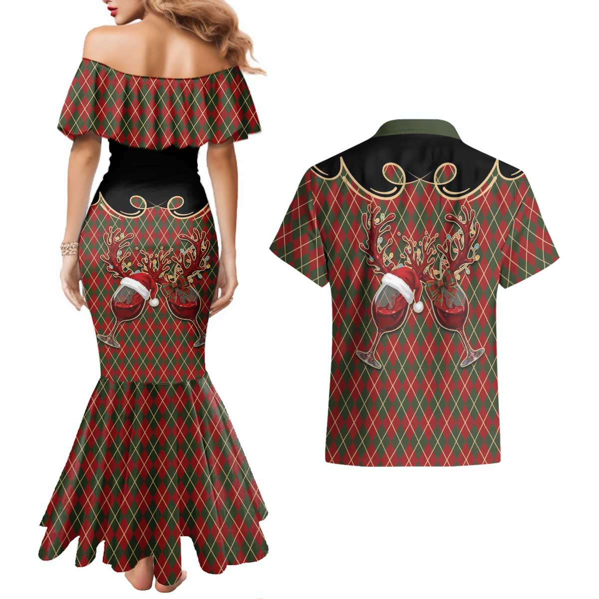 Western Yoke Couples Matching Mermaid Dress and Hawaiian Shirt Wine Deer Christmas Argyle Patterns - Wonder Print Shop