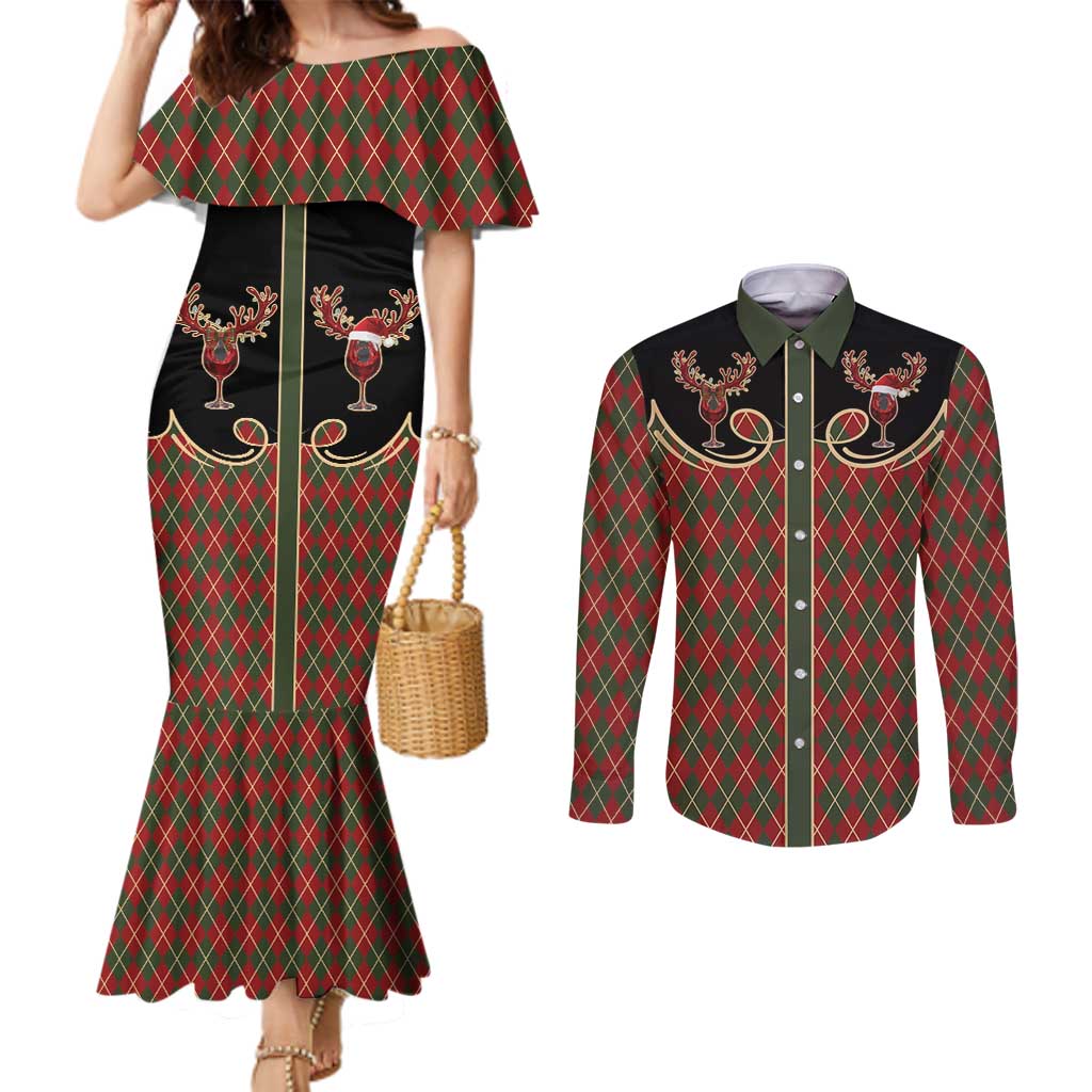 Western Yoke Couples Matching Mermaid Dress and Long Sleeve Button Shirt Wine Deer Christmas Argyle Patterns - Wonder Print Shop