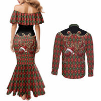 Western Yoke Couples Matching Mermaid Dress and Long Sleeve Button Shirt Wine Deer Christmas Argyle Patterns - Wonder Print Shop