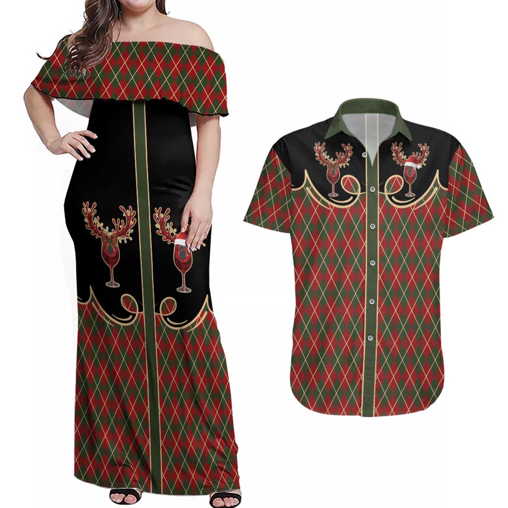 Western Yoke Couples Matching Off Shoulder Maxi Dress and Hawaiian Shirt Wine Deer Christmas Argyle Patterns - Wonder Print Shop