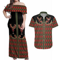 Western Yoke Couples Matching Off Shoulder Maxi Dress and Hawaiian Shirt Wine Deer Christmas Argyle Patterns - Wonder Print Shop