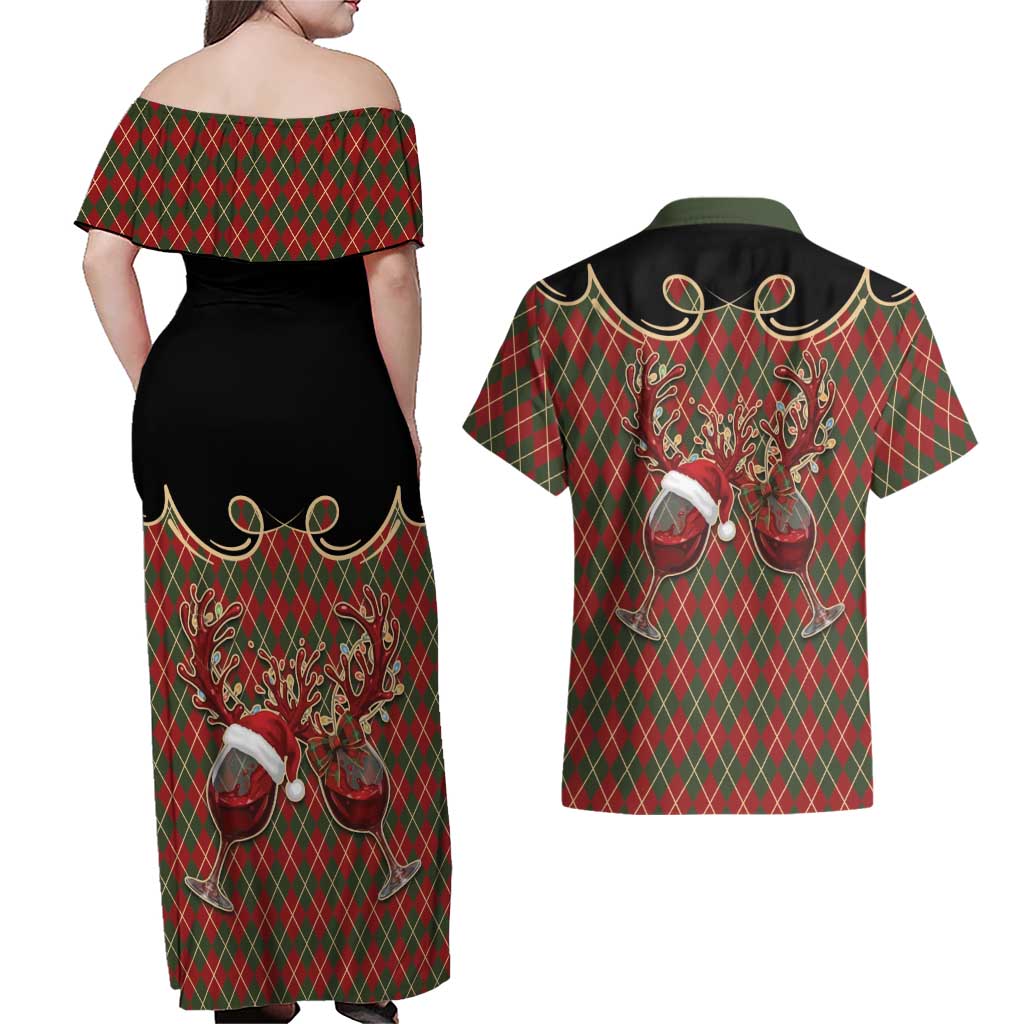 Western Yoke Couples Matching Off Shoulder Maxi Dress and Hawaiian Shirt Wine Deer Christmas Argyle Patterns - Wonder Print Shop