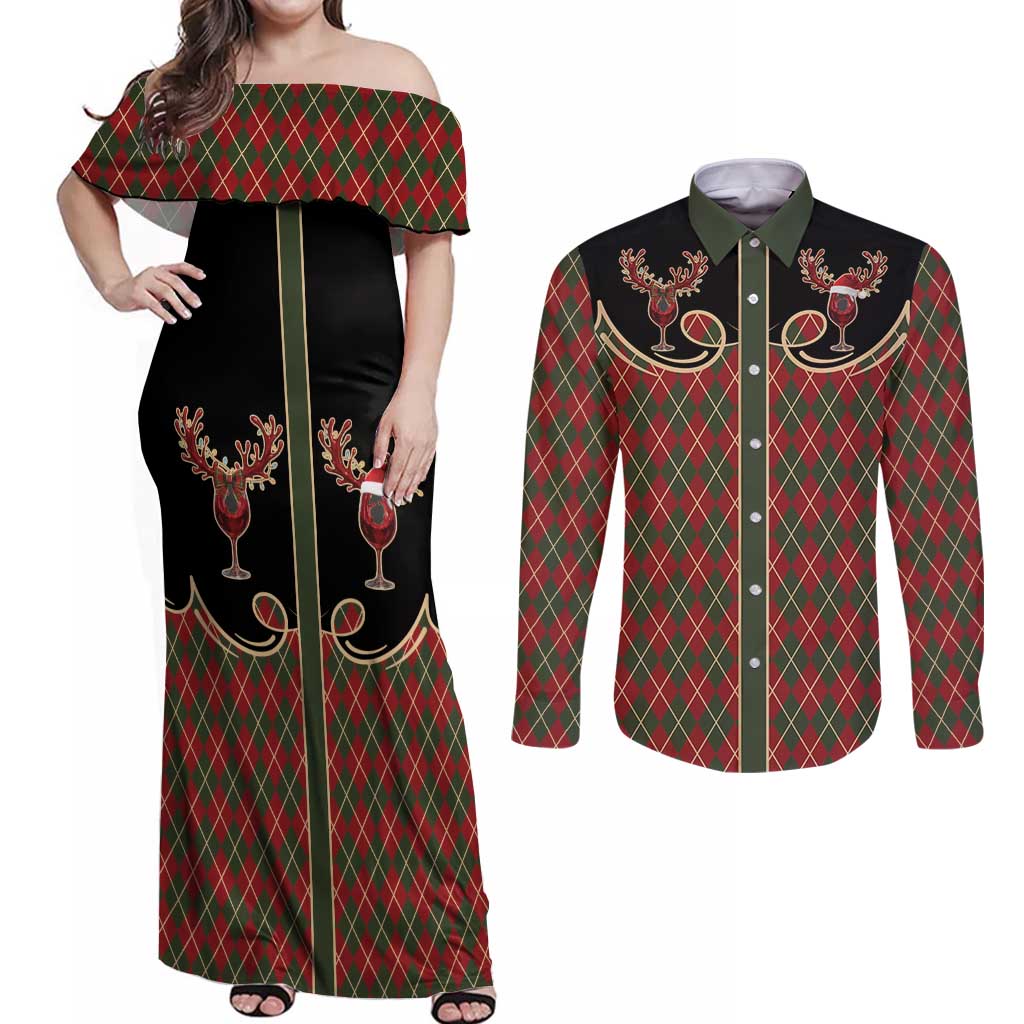 Western Yoke Couples Matching Off Shoulder Maxi Dress and Long Sleeve Button Shirt Wine Deer Christmas Argyle Patterns - Wonder Print Shop