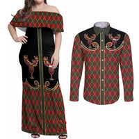 Western Yoke Couples Matching Off Shoulder Maxi Dress and Long Sleeve Button Shirt Wine Deer Christmas Argyle Patterns - Wonder Print Shop
