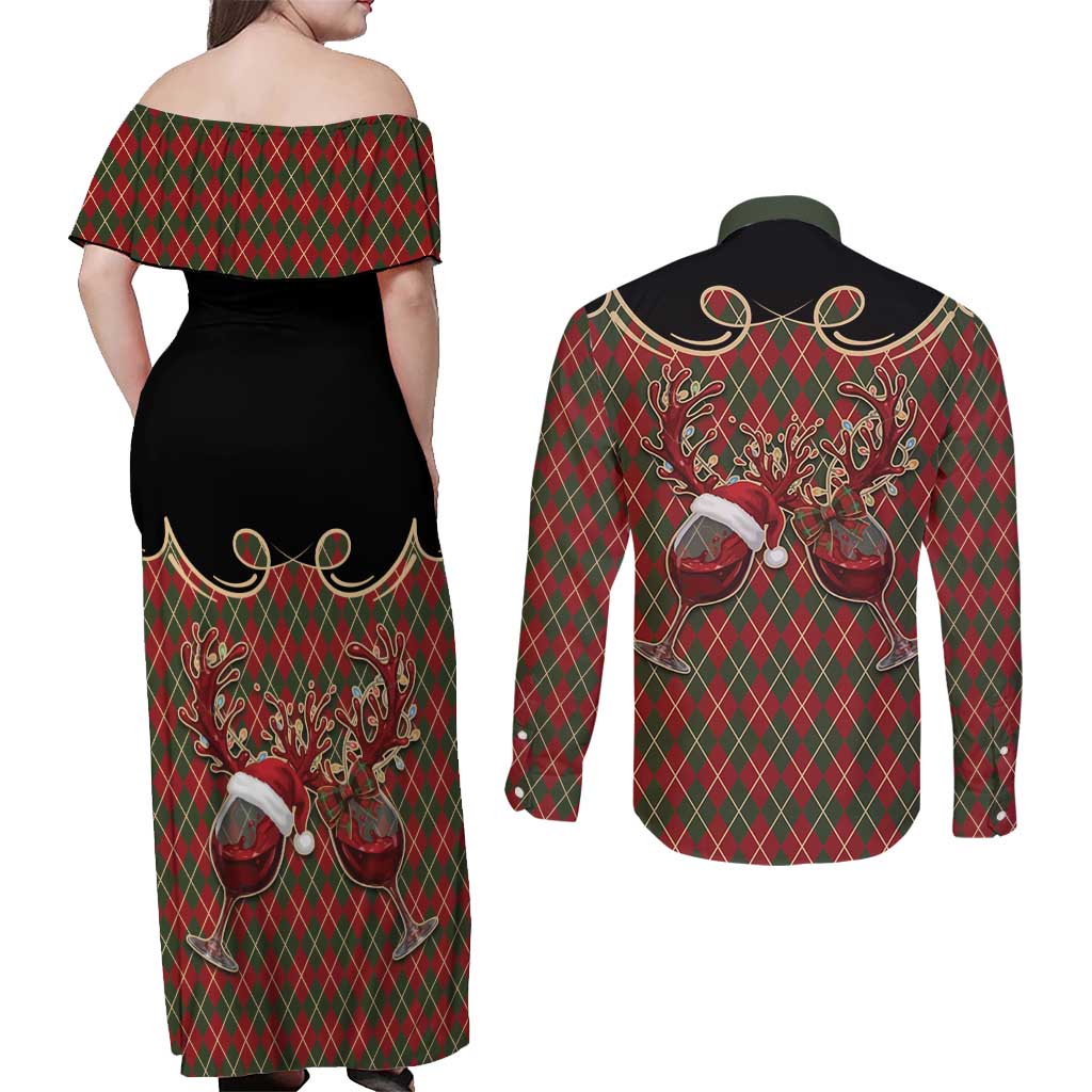 Western Yoke Couples Matching Off Shoulder Maxi Dress and Long Sleeve Button Shirt Wine Deer Christmas Argyle Patterns - Wonder Print Shop