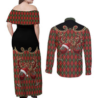 Western Yoke Couples Matching Off Shoulder Maxi Dress and Long Sleeve Button Shirt Wine Deer Christmas Argyle Patterns - Wonder Print Shop