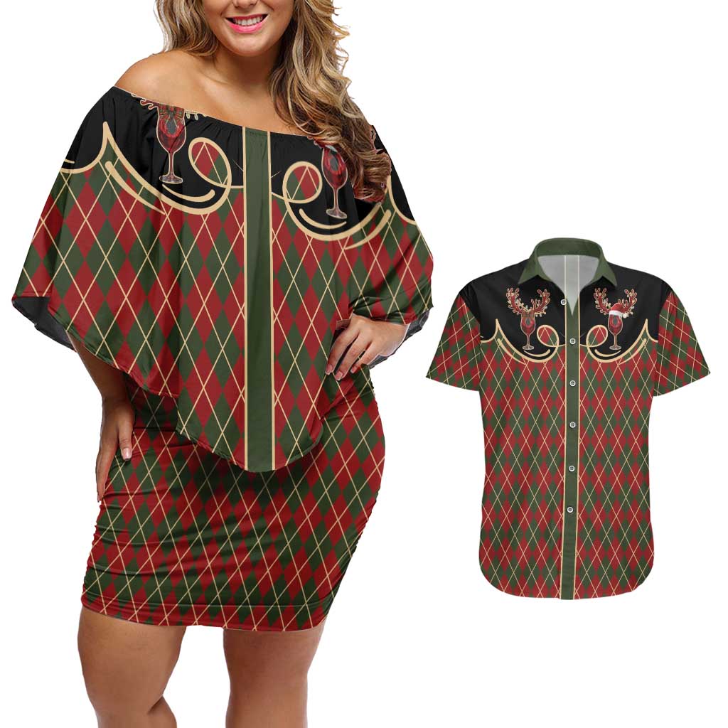 Western Yoke Couples Matching Off Shoulder Short Dress and Hawaiian Shirt Wine Deer Christmas Argyle Patterns - Wonder Print Shop