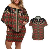 Western Yoke Couples Matching Off Shoulder Short Dress and Hawaiian Shirt Wine Deer Christmas Argyle Patterns - Wonder Print Shop