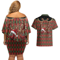 Western Yoke Couples Matching Off Shoulder Short Dress and Hawaiian Shirt Wine Deer Christmas Argyle Patterns - Wonder Print Shop