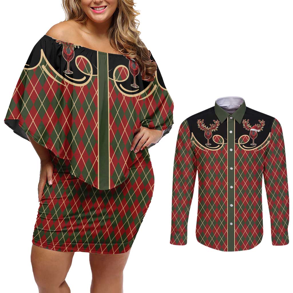 Western Yoke Couples Matching Off Shoulder Short Dress and Long Sleeve Button Shirt Wine Deer Christmas Argyle Patterns - Wonder Print Shop