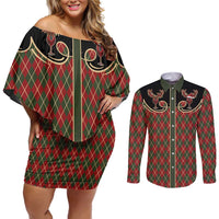 Western Yoke Couples Matching Off Shoulder Short Dress and Long Sleeve Button Shirt Wine Deer Christmas Argyle Patterns - Wonder Print Shop