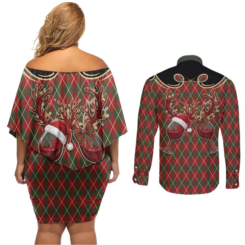 Western Yoke Couples Matching Off Shoulder Short Dress and Long Sleeve Button Shirt Wine Deer Christmas Argyle Patterns - Wonder Print Shop