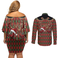 Western Yoke Couples Matching Off Shoulder Short Dress and Long Sleeve Button Shirt Wine Deer Christmas Argyle Patterns - Wonder Print Shop