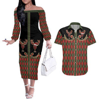 Western Yoke Couples Matching Off The Shoulder Long Sleeve Dress and Hawaiian Shirt Wine Deer Christmas Argyle Patterns - Wonder Print Shop