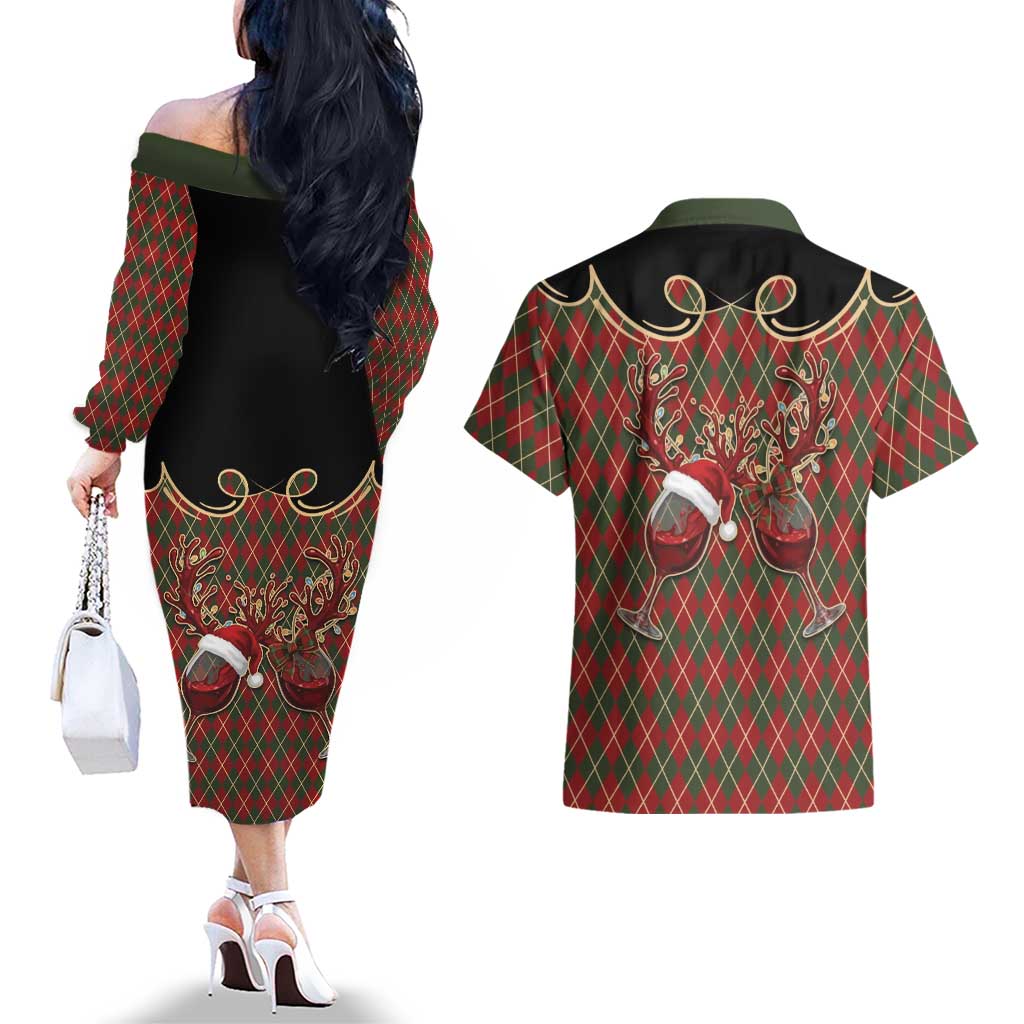 Western Yoke Couples Matching Off The Shoulder Long Sleeve Dress and Hawaiian Shirt Wine Deer Christmas Argyle Patterns - Wonder Print Shop