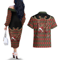 Western Yoke Couples Matching Off The Shoulder Long Sleeve Dress and Hawaiian Shirt Wine Deer Christmas Argyle Patterns - Wonder Print Shop