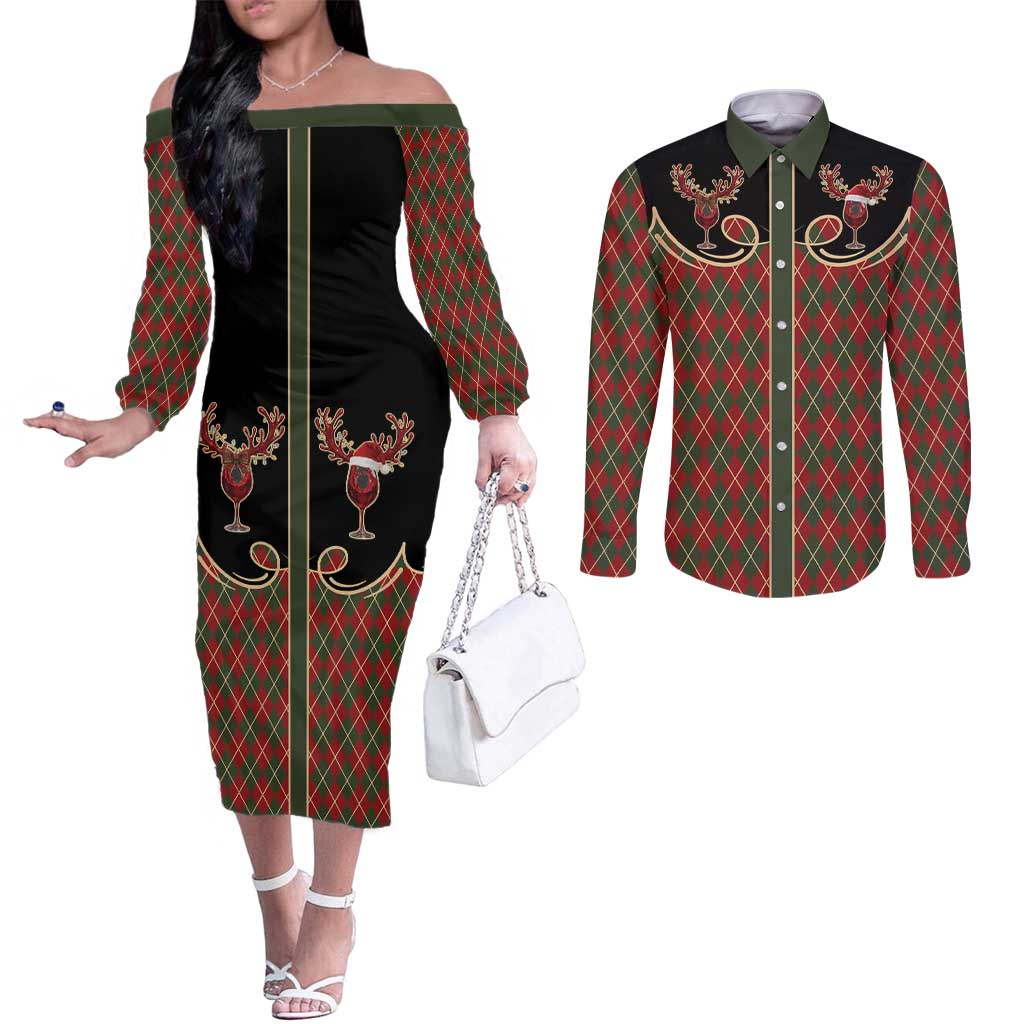 Western Yoke Couples Matching Off The Shoulder Long Sleeve Dress and Long Sleeve Button Shirt Wine Deer Christmas Argyle Patterns - Wonder Print Shop