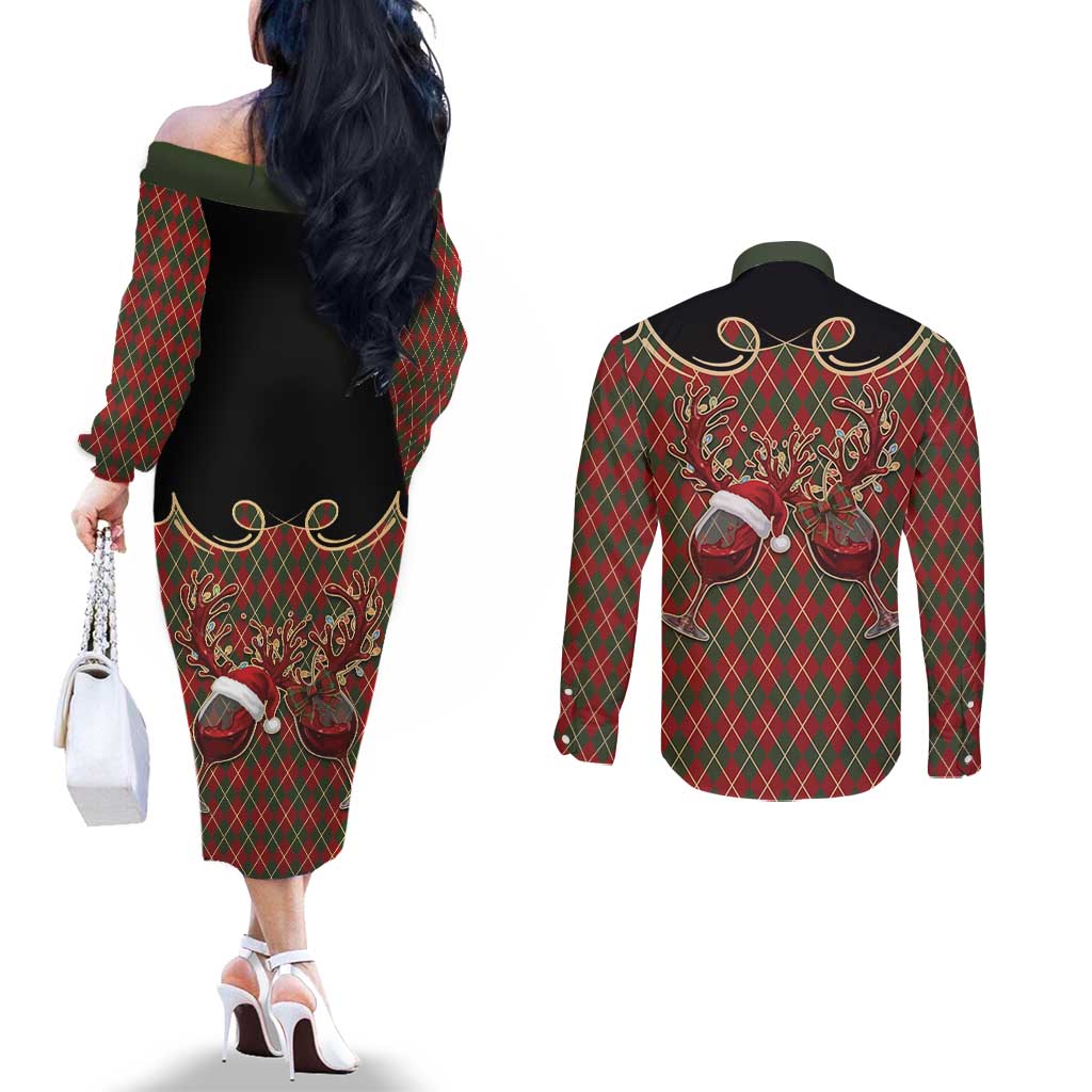 Western Yoke Couples Matching Off The Shoulder Long Sleeve Dress and Long Sleeve Button Shirt Wine Deer Christmas Argyle Patterns - Wonder Print Shop