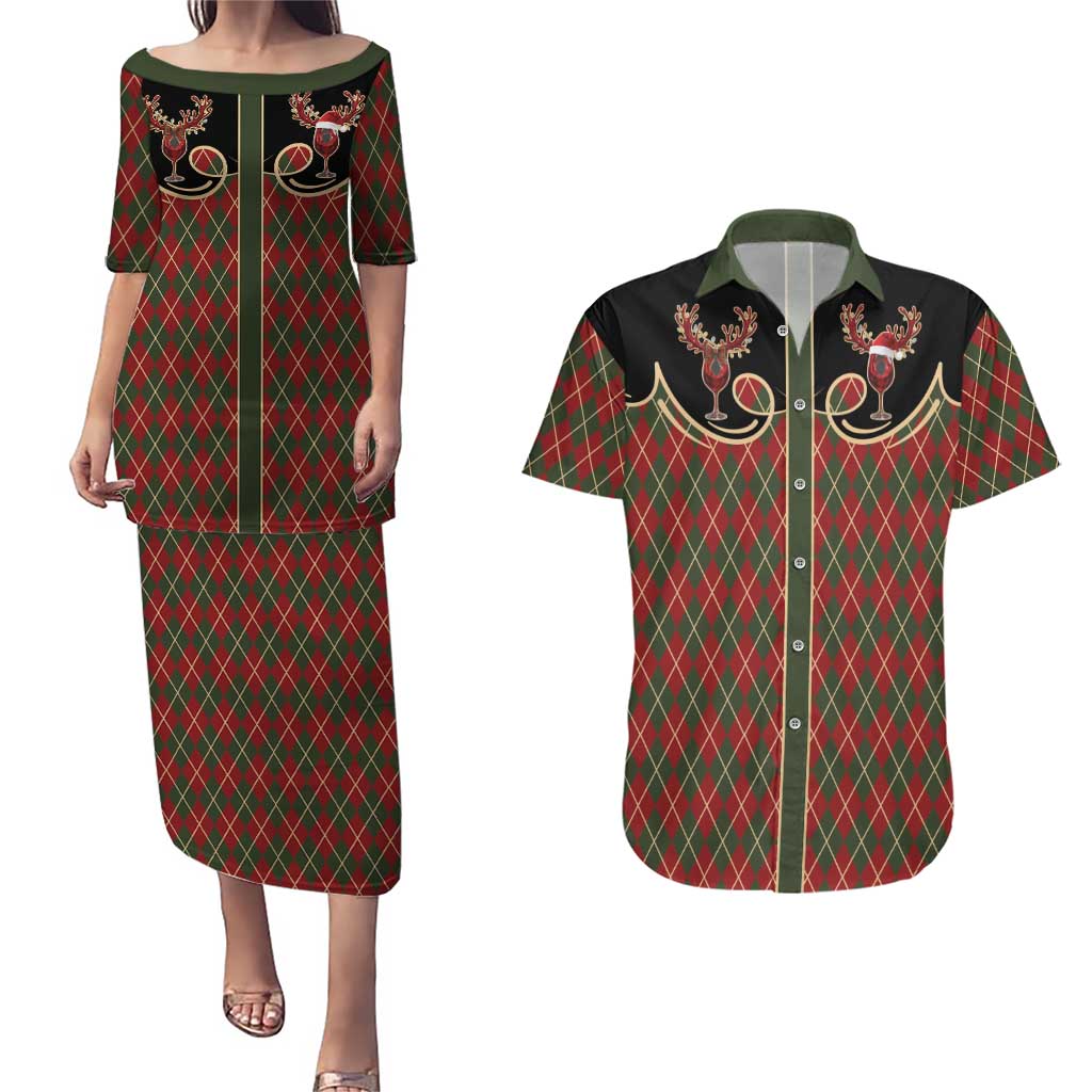 Western Yoke Couples Matching Puletasi and Hawaiian Shirt Wine Deer Christmas Argyle Patterns - Wonder Print Shop