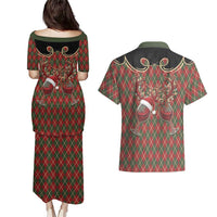 Western Yoke Couples Matching Puletasi and Hawaiian Shirt Wine Deer Christmas Argyle Patterns - Wonder Print Shop