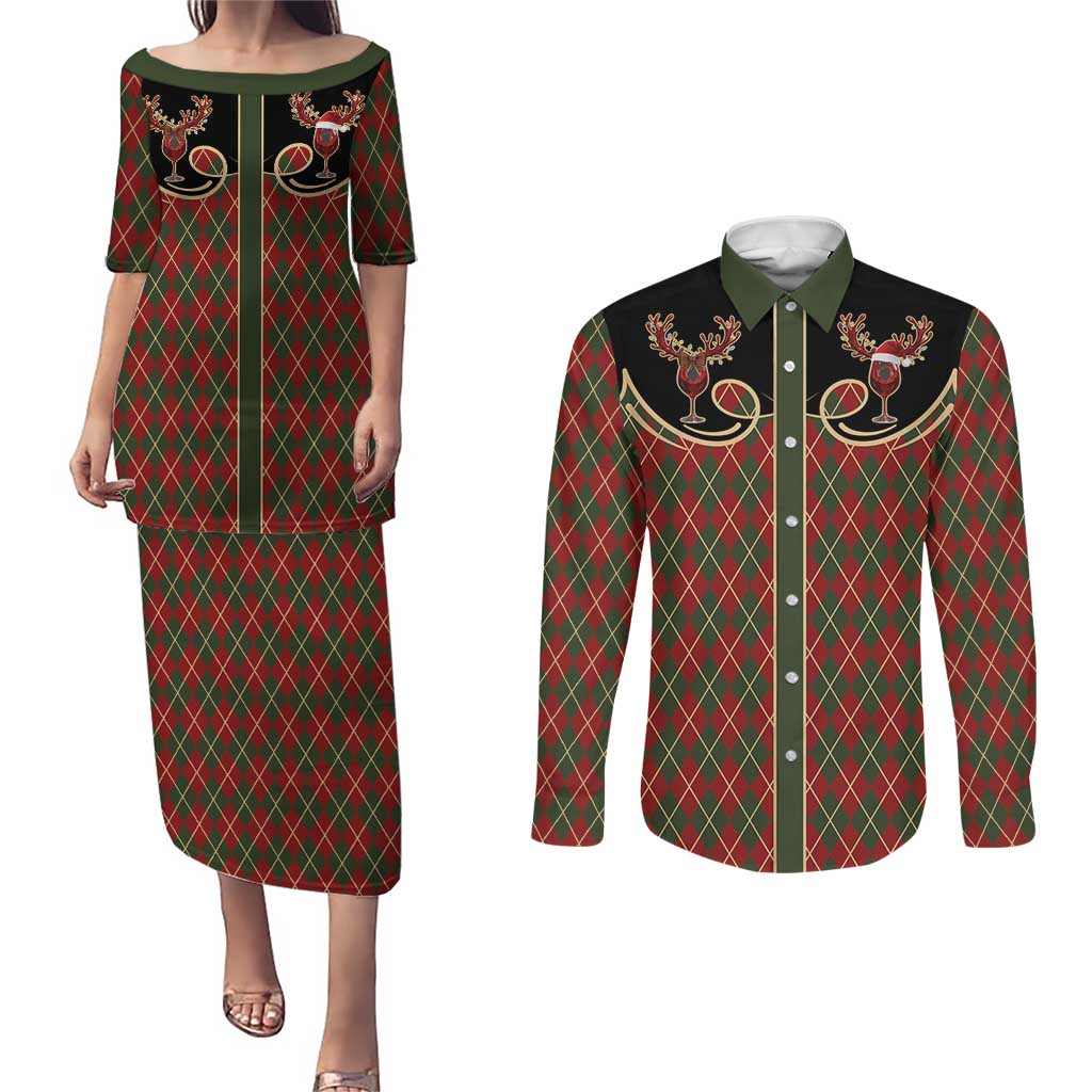 Western Yoke Couples Matching Puletasi and Long Sleeve Button Shirt Wine Deer Christmas Argyle Patterns - Wonder Print Shop