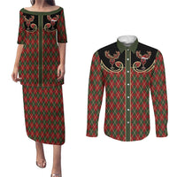 Western Yoke Couples Matching Puletasi and Long Sleeve Button Shirt Wine Deer Christmas Argyle Patterns - Wonder Print Shop
