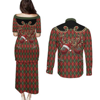 Western Yoke Couples Matching Puletasi and Long Sleeve Button Shirt Wine Deer Christmas Argyle Patterns - Wonder Print Shop
