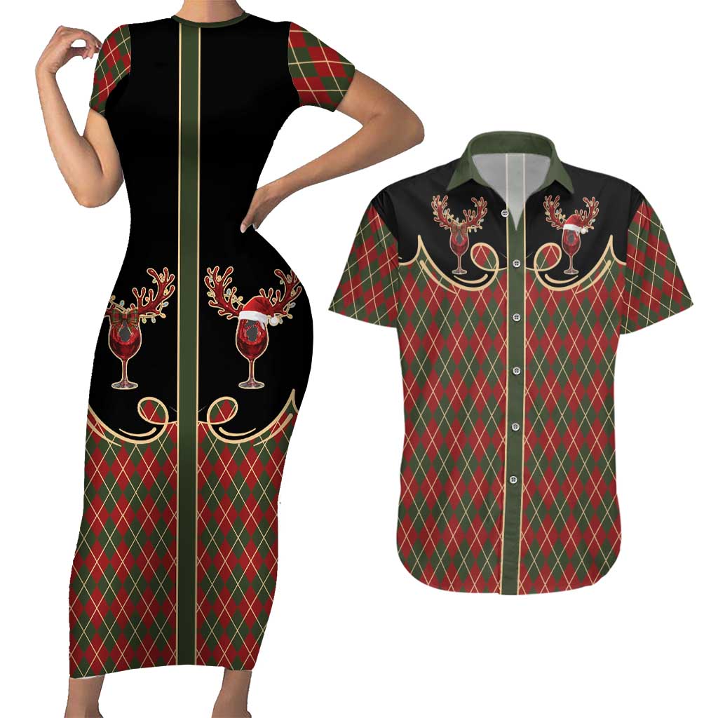 Western Yoke Couples Matching Short Sleeve Bodycon Dress and Hawaiian Shirt Wine Deer Christmas Argyle Patterns - Wonder Print Shop