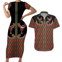 Western Yoke Couples Matching Short Sleeve Bodycon Dress and Hawaiian Shirt Wine Deer Christmas Argyle Patterns - Wonder Print Shop